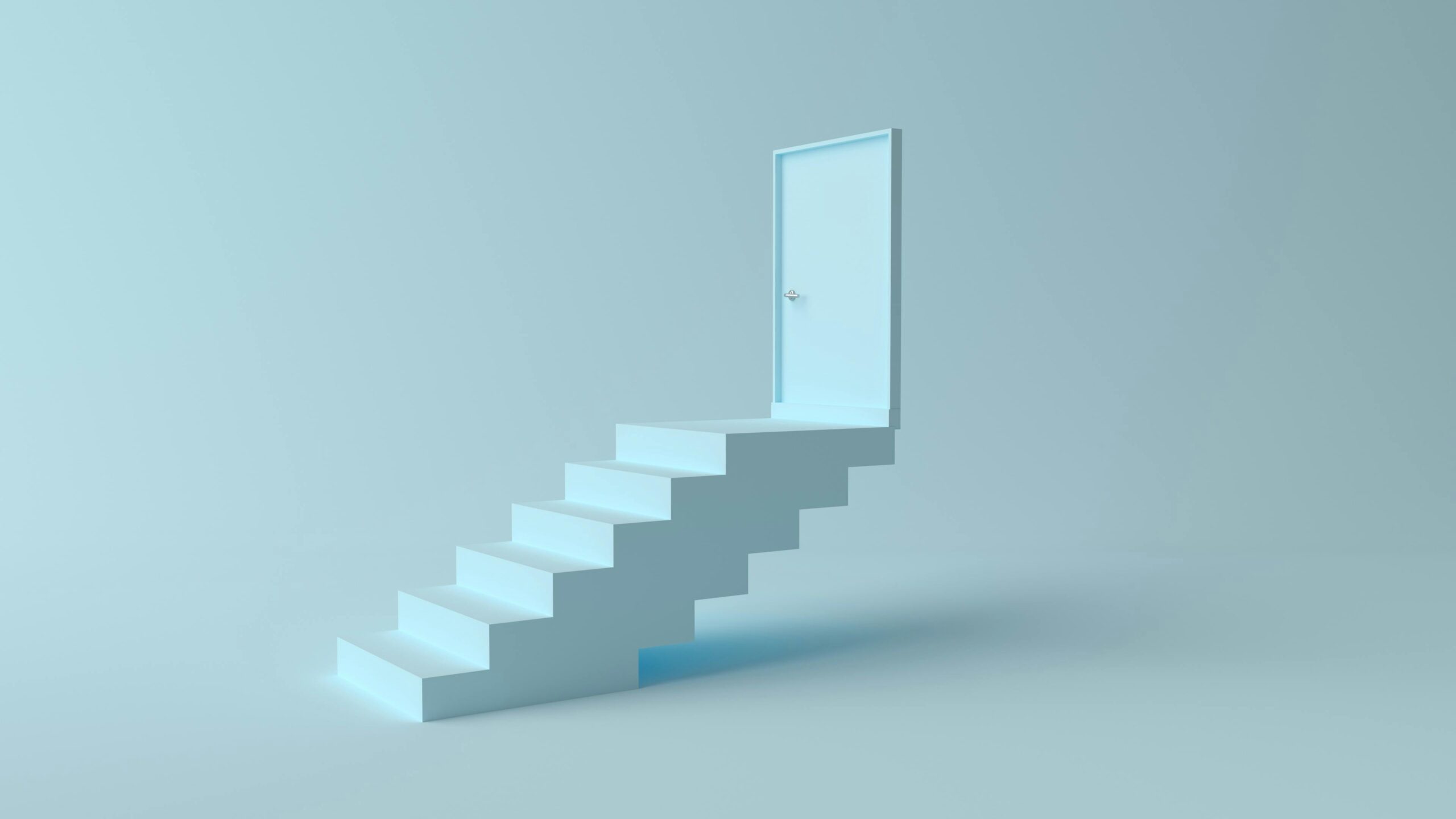 A minimalist 3D render of stairs leading to a door on a light blue background.